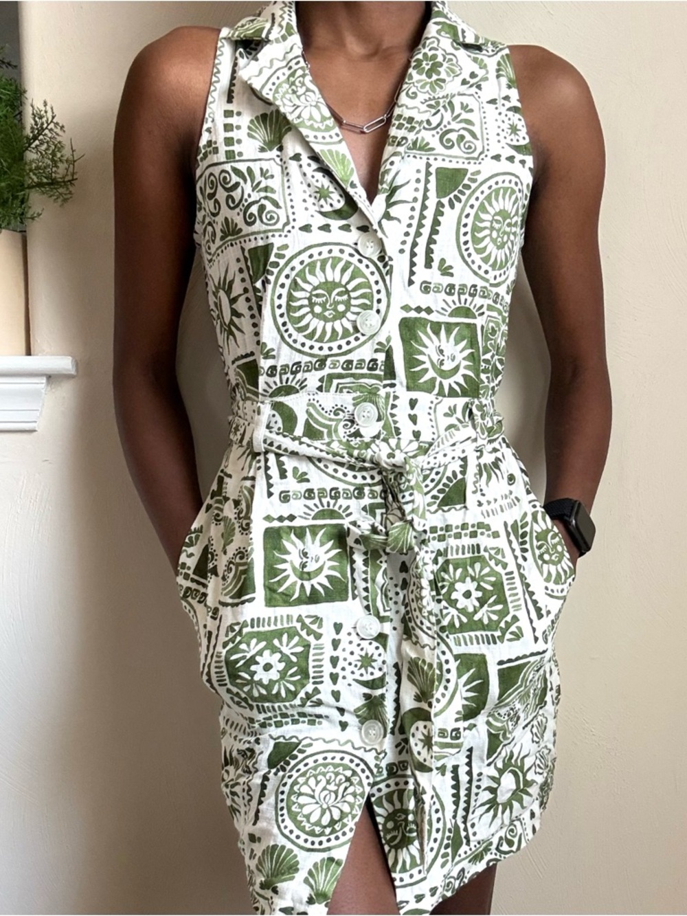 Green and White Linen Blend Shirt Dress Sun Moon Print Mini Belted Pockets